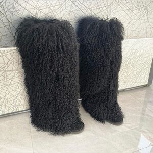 Mongolian Black Knee-High Boots